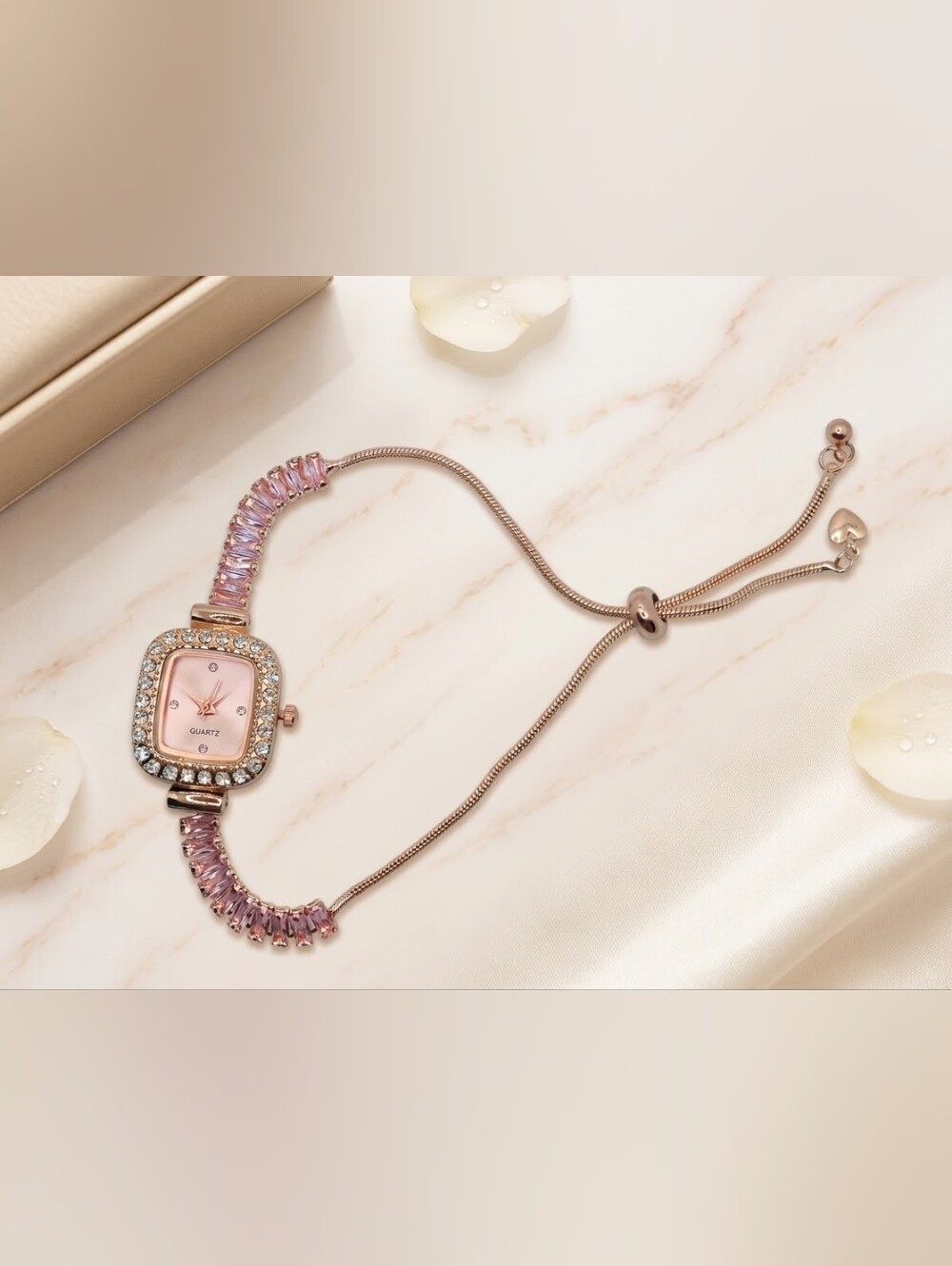 Rose Gold Pink Crystal Bracelet Watch Adjustable Sliding Drawstring Quartz